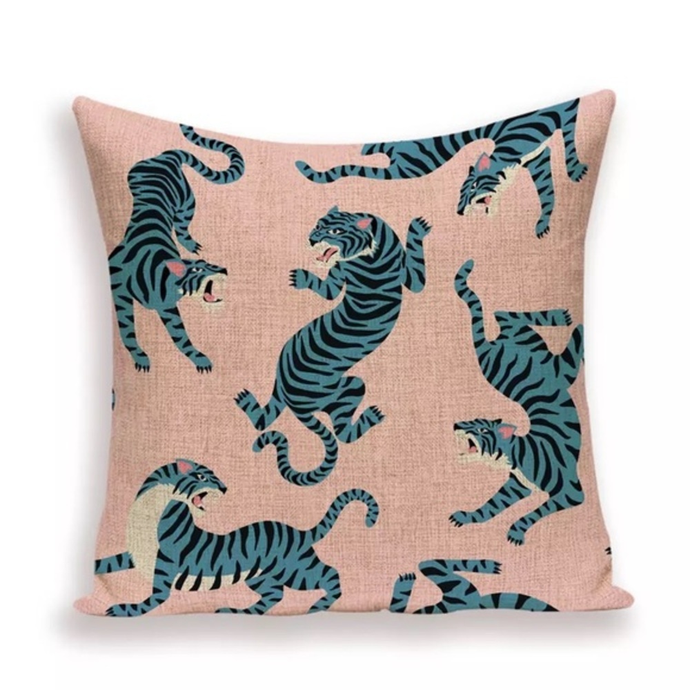 Tiger Pillow Cover Pink Blue / Orange Chinoiserie